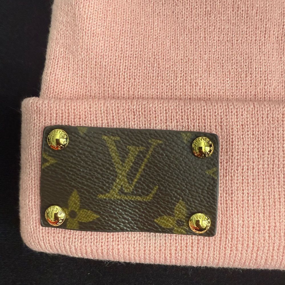 Brand new upcycled Louis Vuitton Pink Beanie with Gold Accents - Picture 2 of 4